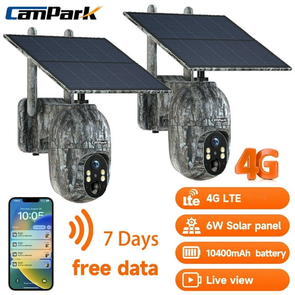 CAMPARK 2 Pack 4G LTE Cellular Trail Camera Wireless, Solar Game Camera with 360Pan 90Tilt, 1080P Night Vision Motion Activated, Waterproof IP66, Hunting Security Camera with SIM Card, NO WiFi