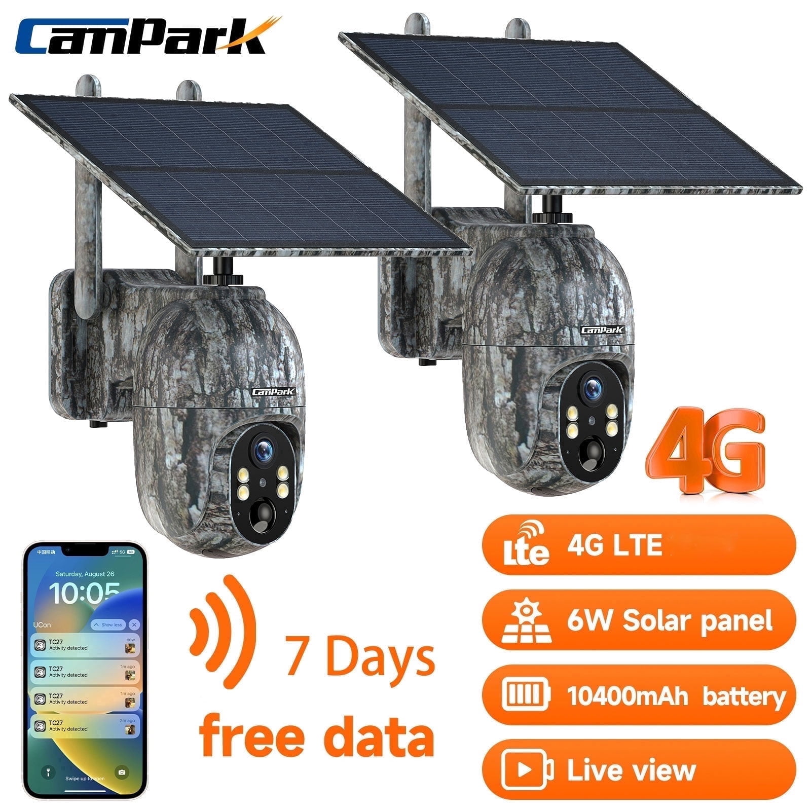 CAMPARK 2 pack 4G LTE Cellular Trail Camera Wireless, 10400mAh Solar Game Camera with 360°Pan 90°Tilt, 1080P Night Vision with SIM Card, NO WiFi