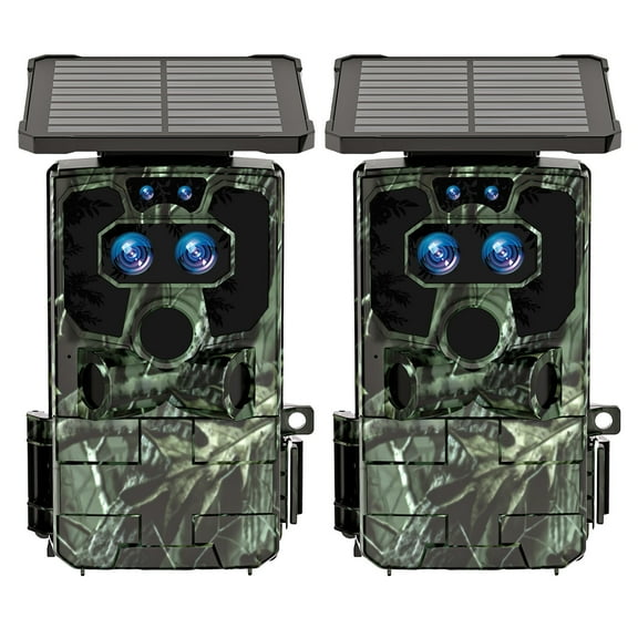 CAMPARK 2 Pack Trail Camera Solar Powered - Dual Lens 60MP 4K 30FPS WiFi Bluetooth Game Camera with Starlight Night Vision, IMX458 Sensors 0.1S Trigger IP66 Waterproof for Outdoor Wildlife Monitoring