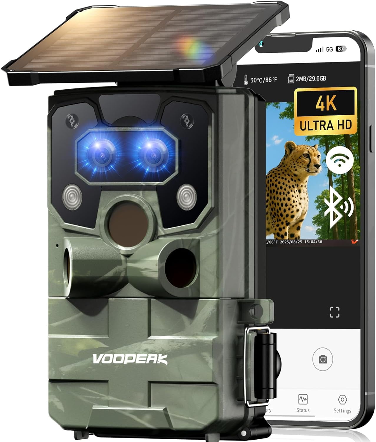 CAMPARK 4K 30fps 60MP Solar WiFi Trail Camera, Starlight Night Vision Dual Lens Bluetooth Game Camera with 0.1S Trigger IMX458 Sensors Hunting Cam with 120° Wide-Angle IP66 Waterproof