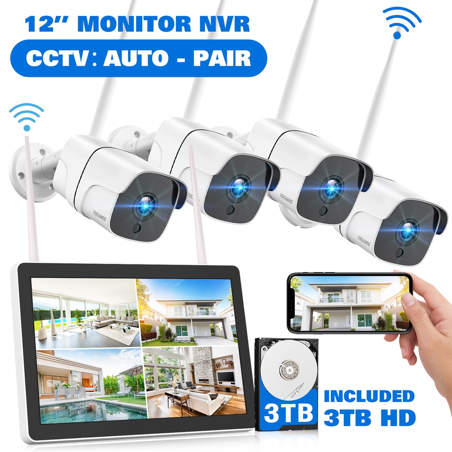 TOGUARD CCTV Wireless Security Camera System with 12" Monitor NVR & 3TB Hard Drive, 1080P 8CH Camera Security System with Night Vision, Motion Alert, IP66 Waterproof.