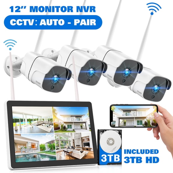 TOGUARD CCTV Wireless Security Camera System with 12" Monitor NVR & 3TB Hard Drive, 1080P 8CH Camera Security System with Night Vision, Motion Alert, IP66 Waterproof.