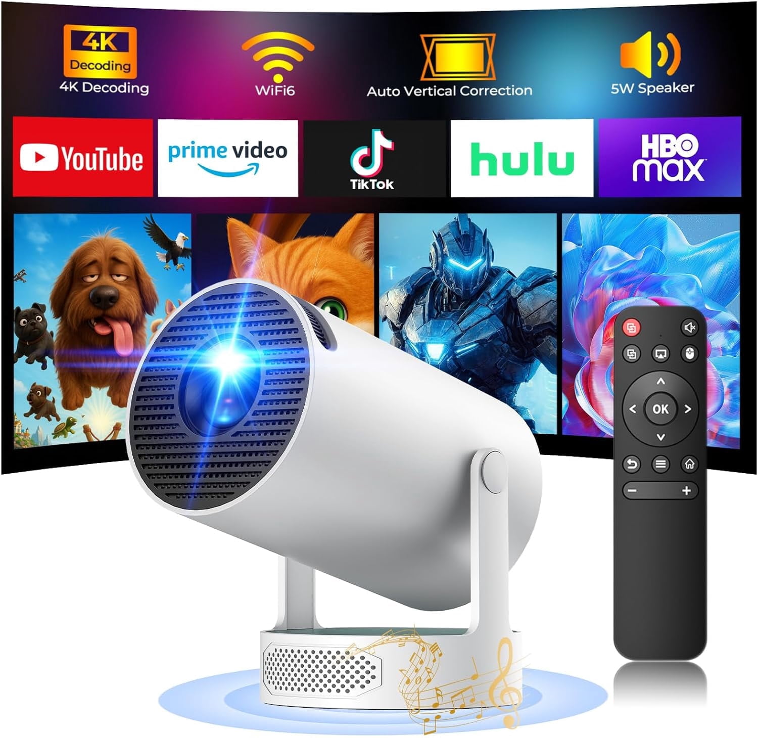 Campark 4K Smart Projector with WiFi Bluetooth, 5W Speaker, 270 Rotation Portable Movie Projector Auto Keystone Electric Focus Home Theater