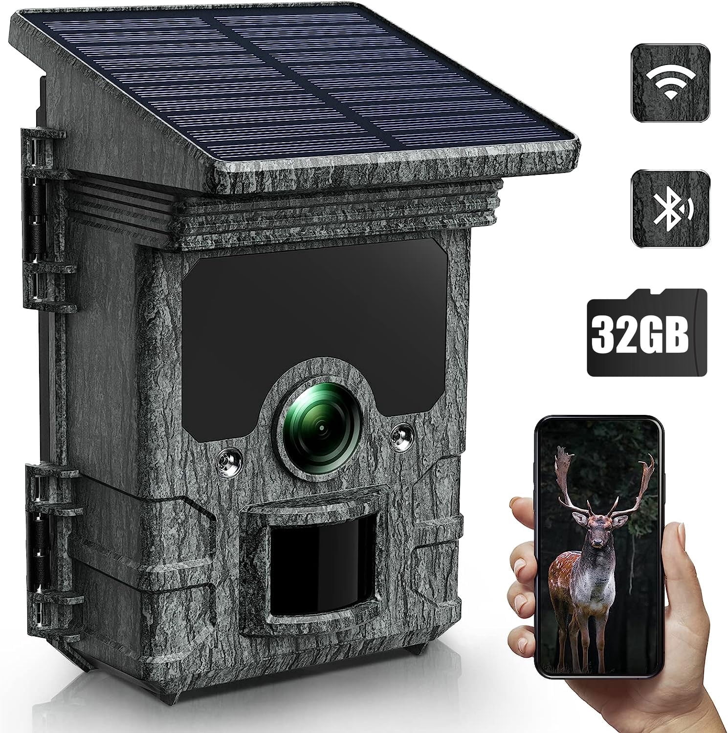 CAMPARK Solar Trail Camera with SD Card 46MP Native 4K 30fps WiFi Bluetooth Game Hunting Deer Camera with Loop Recording Night Vision Waterproof IP66 120°Wide-Angle 0.1s Trigger Time Trail Cam