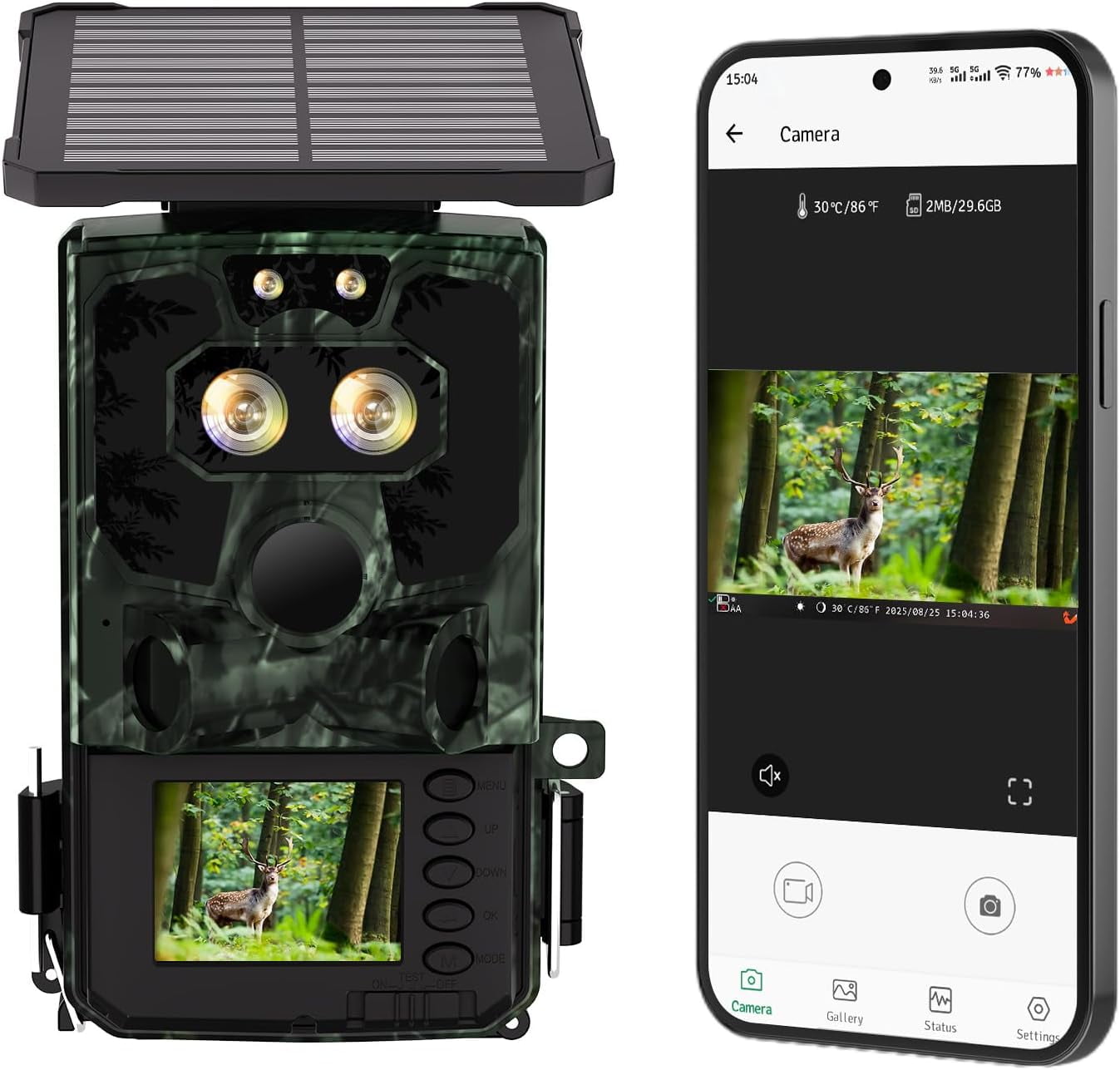 CAMPARK Solar Powered Trail Camera WiFi Bluetooth 60MP 4K UHD Dual Lens  Starlight Night Vision IMX458 Sensors 0.1s Motion Activated  IP66 Waterproof 2.4"LCD Game Hunting Camera with SD Card