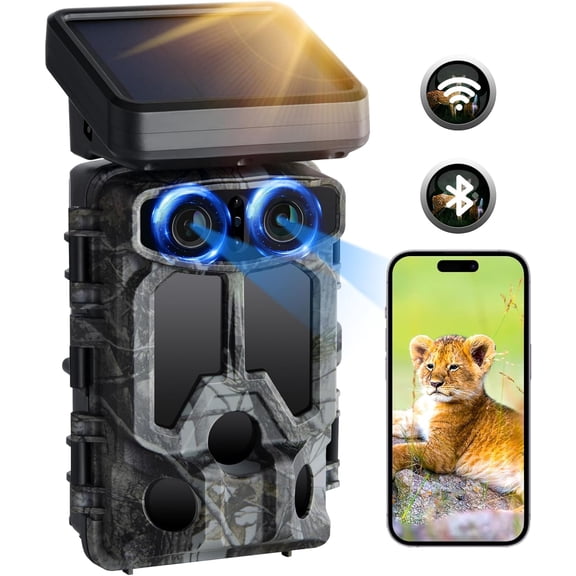 CAMPARK Solar Trail Camera WiFi Dual Lens 4K 30FPS 60MP Starlight Night Vision Bluetooth Game Camera with 0.1s Trigger IMX458 Sensors Motion Activated IP66 Waterproof Hunting Game Camera