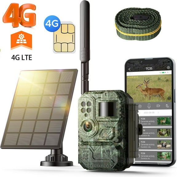 CAMPARK Cellular Solar Trail Camera, 1080P Game Deer Cameras Built-in 4G LTE SIM Card, Lifelong Free Cloud Storage, Night Vision Waterproof IP66 Hunting Cam