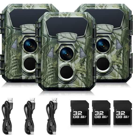 CAMPARK Trail Camera 3 Pack with 32G SD Card 36MP 2K Hunting Camera with Night Vision Motion Activated IP66 Waterproof, 120 Wide-Angle Trail Cam for Wildlife Scouting