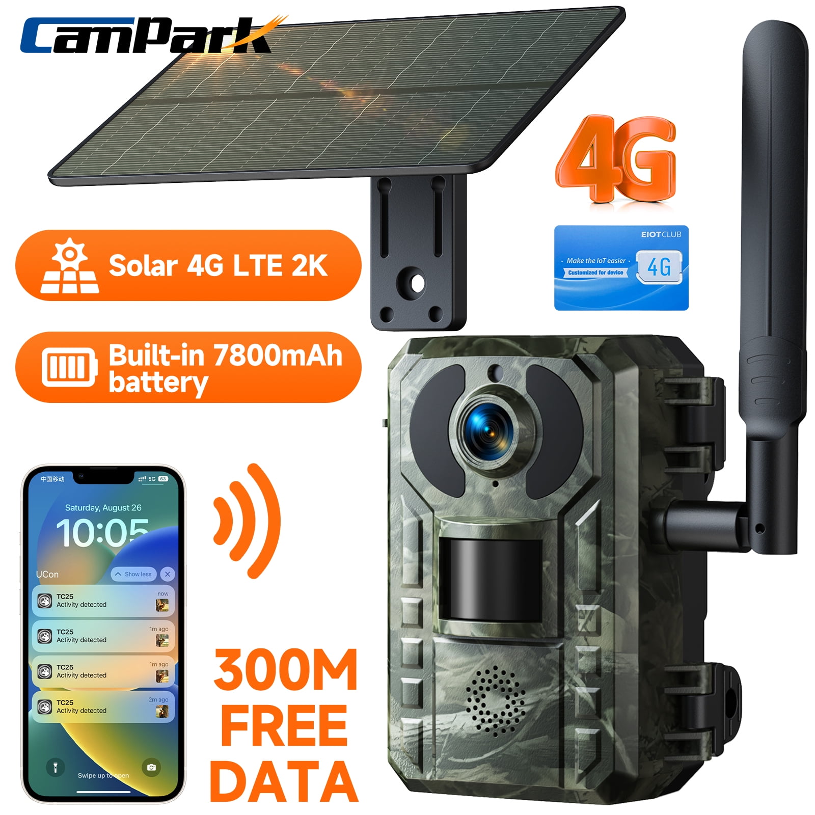 CAMPARK Trail Camera with 4G Cellular Solar, 2.5K 14MP Hunting Game Camera with Live View and Motion Alerts, 940nm No Glow Night Vision and IP66 Waterproof for Wildlife Monitoring