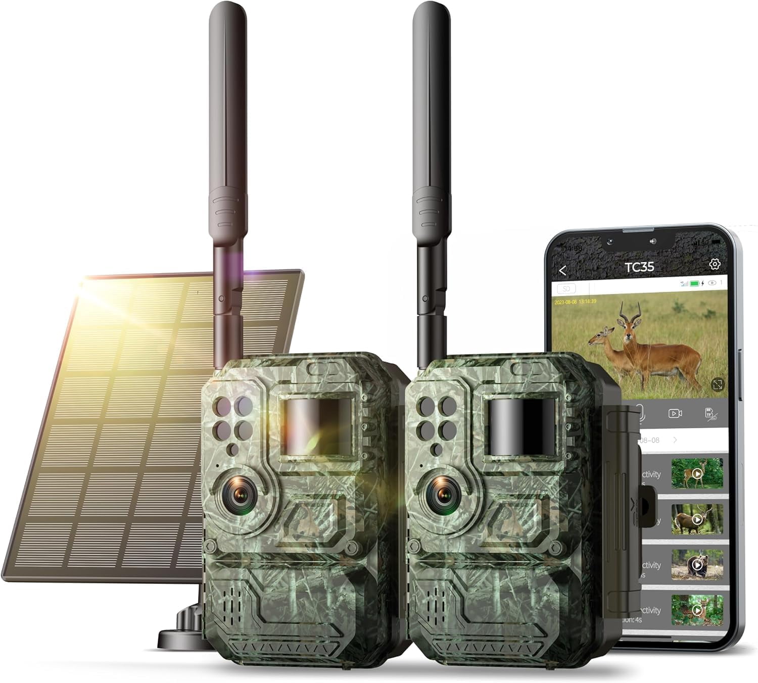 CAMPARK 2 Pack Trail Camera with 4G Cellular Solar, 1080P Hunting Game Camera with Live View and Motion Alerts, Color Night Vision IP66 Waterproof for Wildlife Monitoring