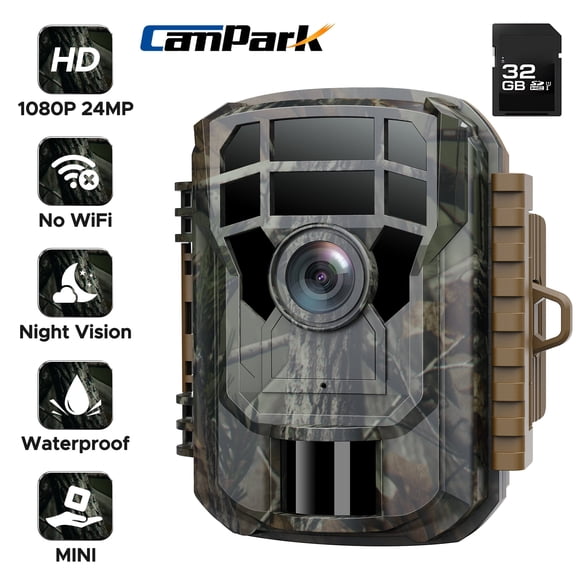 CAMPARK Trail Camera with SD Card 24MP 1080P Game Camera with Night Vision Waterproof Trail Cam for Hunting
