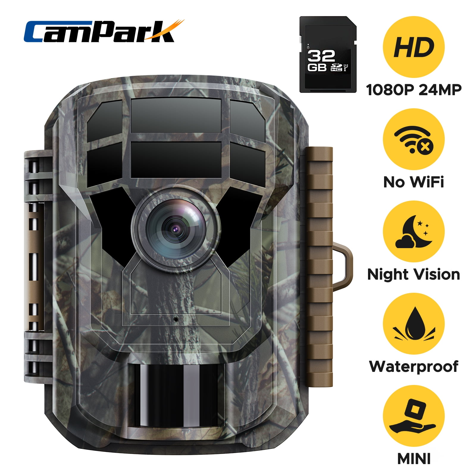 CAMPARK Trail Camera with SD Card 24MP 1080P Game Hunting Deer Camera with Night Vision Waterproof