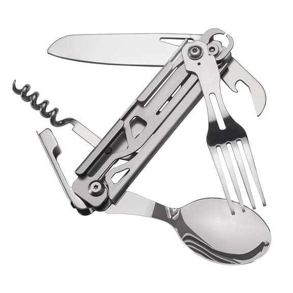 Ozark Trail Camping Multi Cutlery Set, Detachable 5-Tool Design, Lightweight, Silver, Carry Bag Included