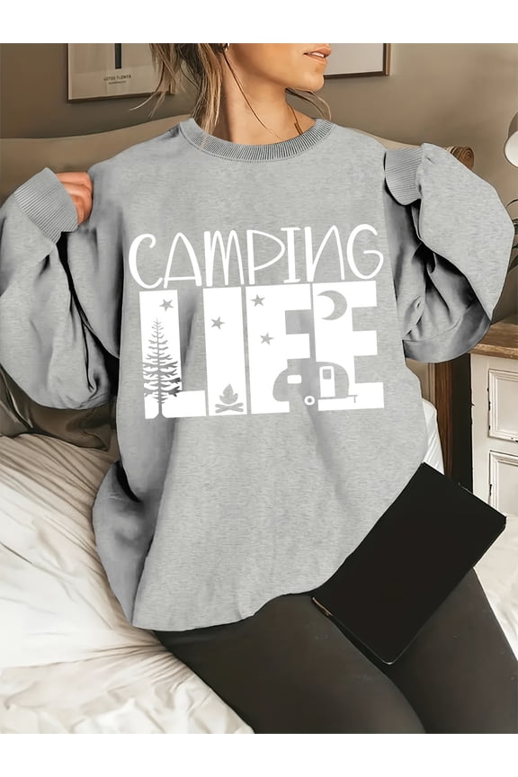CAMPING LIFE Print Pullover Sweatshirt, Casual Long Sleeve Crew Neck Sweatshirt For Fall & Spring, Women's Clothing