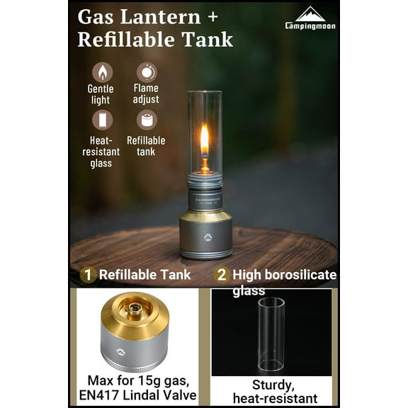CAMPINGMOON Gas Lantern with Empty Canister - Silver Color, Adjustable Light Frame