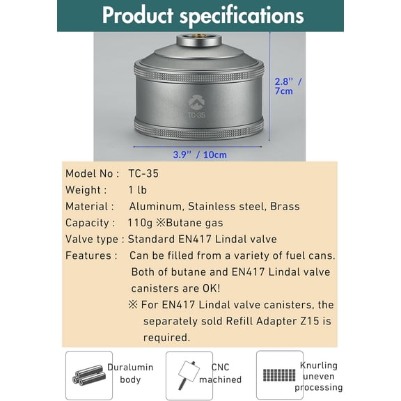 CAMPINGMOON Replacement Empty Refillable Gas Cylinder Standard for Backpacking Camping Stove EN417 Lindal Valve 110g TC-35