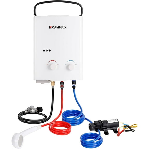 CAMPLUX 1.32 GPM 34,000 BTU Outdoor Portable Propane Tankless Water Heater Set, White