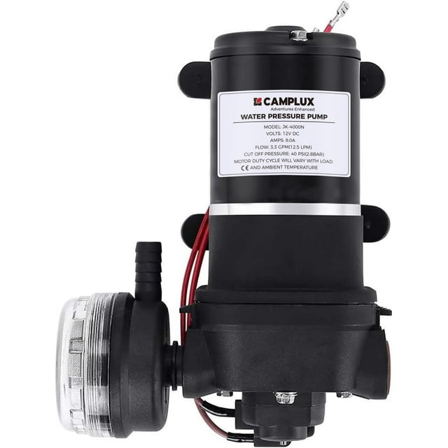 CAMPLUX 12V Water Pump 3.3 GPM with Fittings Strainer Filter for RV