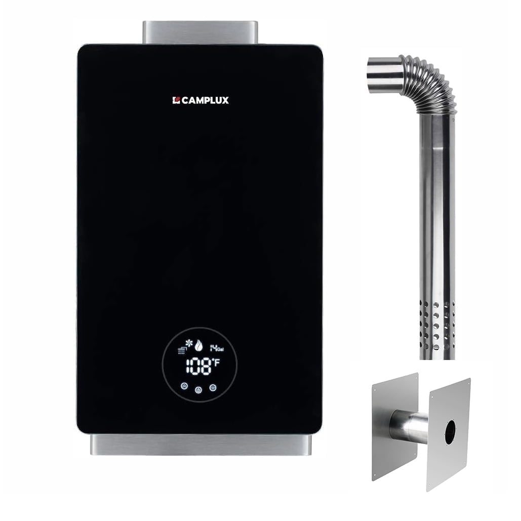 CAMPLUX 3.18 GPM 82,000 BTU Indoor Tankless Propane Water Heater With 2.3" horizontal vent pipe, 2.36'' Wall Thimble