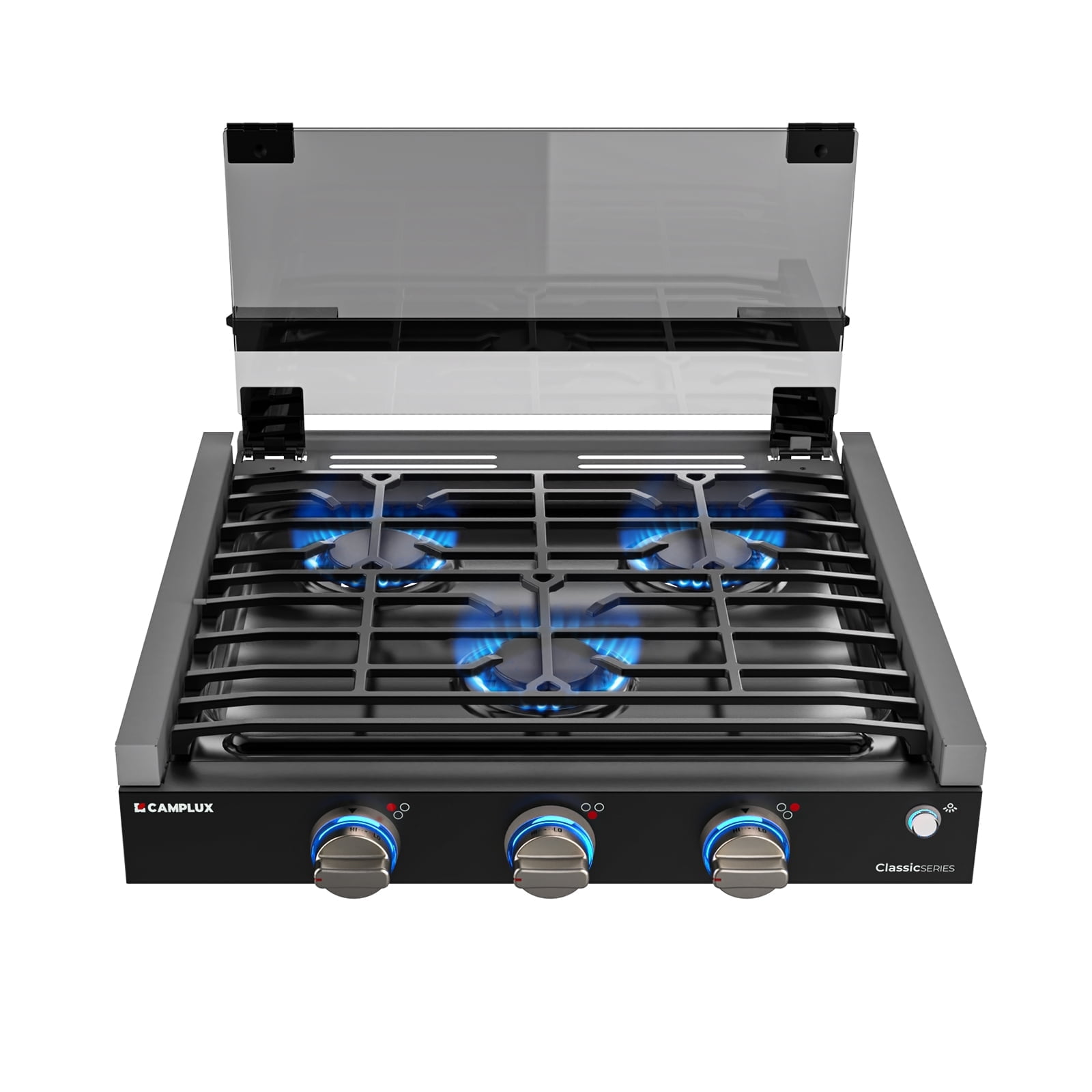 CAMPLUX Classic 21 Inches RV Propane Cooktop with 3 Burners, Slide-in, Gas Rangetop with Tempered Glass Cover for Camper Trailers, Motorhomes, and Boats
