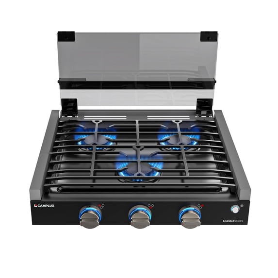 CAMPLUX Classic 21 Inches RV Propane Cooktop with 3 Burners, Slide-in, Gas Rangetop with Tempered Glass Cover for Camper Trailers, Motorhomes, and Boats