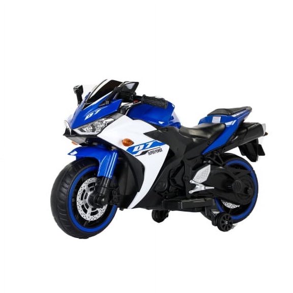 POVANLI  12V Kids Electric Motorcycle with Slow Start, Power Display, Manual Throttle, Light Dashboard, Lighting Wheels, Training Wheels, Bluetooth, USB, MP3 for 3-6 Yr Children, Gift (Blue)
