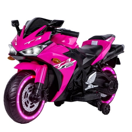 POVANLI 12V Kids Ride on Electric Toy Motorcycle with Slow Start, Power Display, Manual Throttle, Light Dashboard, Lighting Wheels, Training Wheels, Bluetooth, USB, MP3 for 3-6 Children Gift (Pink)