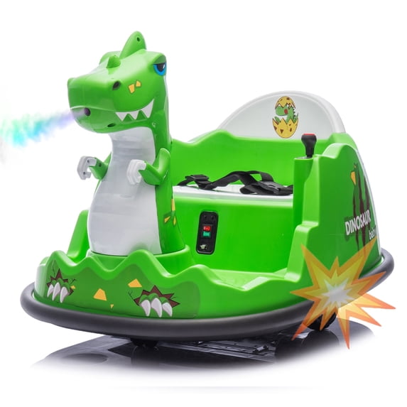 POVANLI 12V Kids Ride on Electric Dinosaur Bumper Car W/Parents Control, Slow Start, 2WD, Spray With Light, 360 Degree Rotation, Safety Anti-Collision Strip, Music for 2-5 Yr Children Gift (Green)