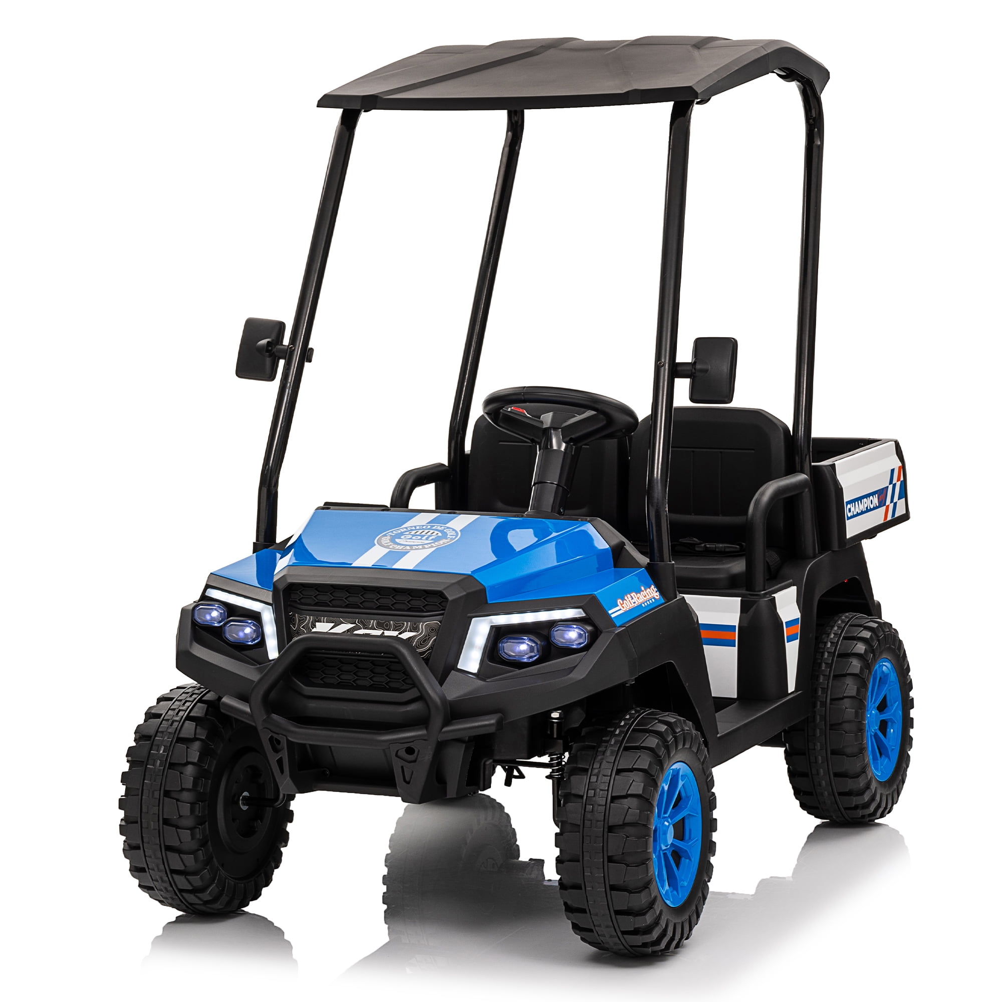 CAMSCH 24V 2 Seater Kids Ride on Electric Toy Truck, Golf Cart W/Parents Control, Slow Start, Power Display, Rear Cargo Bed, Removable Sunshade, MP3, USB, Bluetooth for 3-8 Children Gift (Blue)