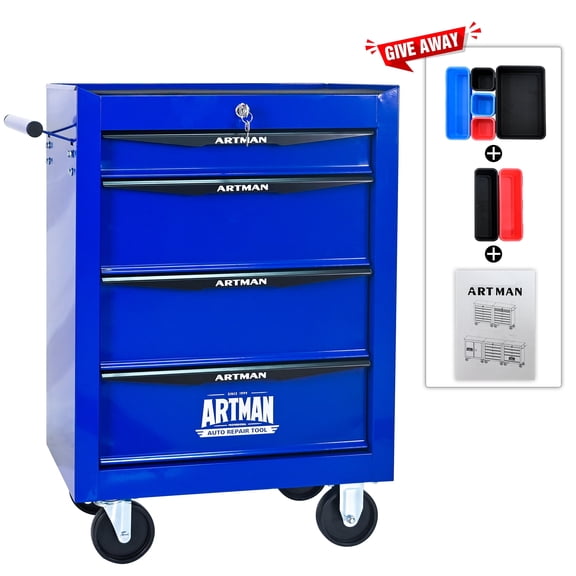 POVANLI 20" 4 Drawer Portable Tool Box with Ball Bearing Drawer Slides,4 Steering Wheels(2 with Parking Brakes),200lbs Load,Steel Tool Chest with Key Locking Tool Organizers,for Garage Workshop(Blue)