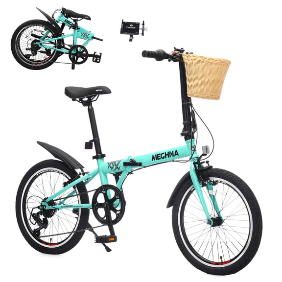 POVANLI 20" Folding Bike with Basket for Adults,6 Speed Steel Frame City Commuter Bike,Dual V-Brake Portable Compact Bicycle for Men/Women
