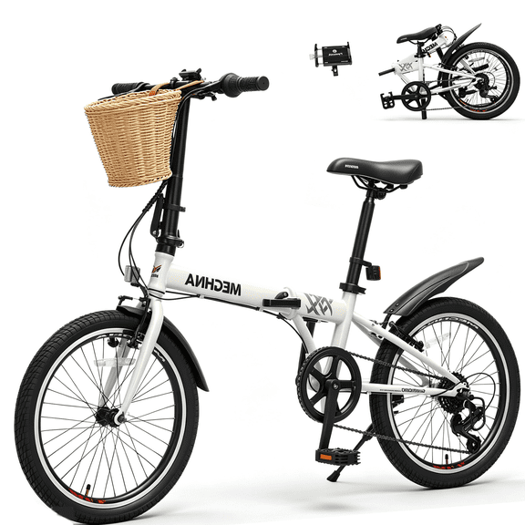 POVANLI 20" Folding Bike with Basket for Adults,6 Speed Steel Frame City Commuter Bike,Dual V-Brake Portable Compact Bicycle for Men/Women