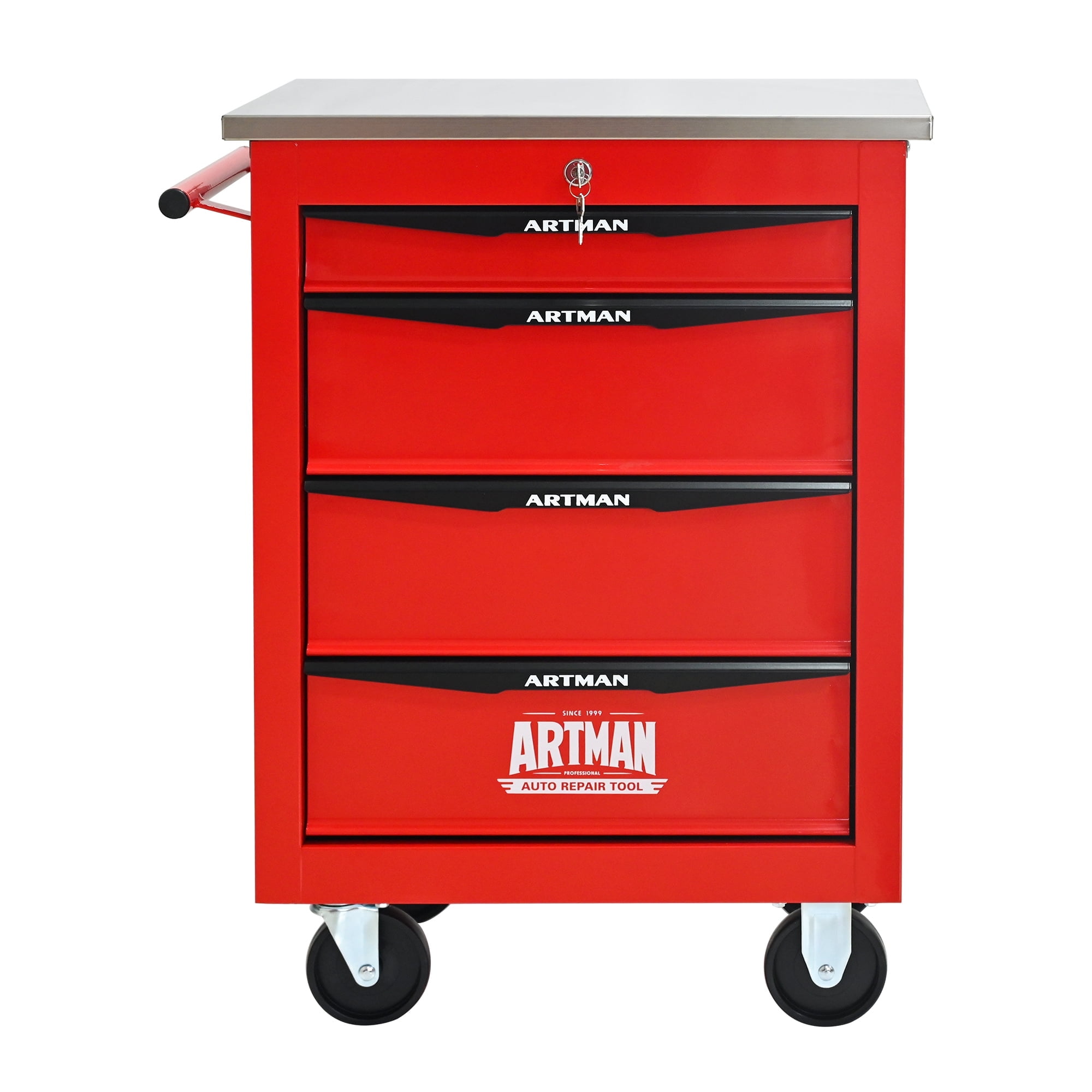 POVANLI  22-inch 4-Drawer Portable Tool Cart, Steel Tool Box with Stainless Steel Roof, Key Locking and 4 Steering Wheels, 200lbs Load Capacity for Garage, Workshop, Warehouse and Repair Shops (Red)