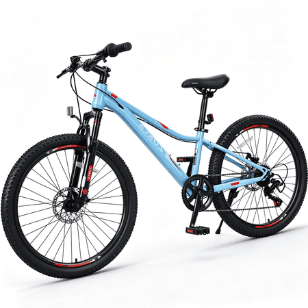 POVANLI 24 Inch Mountain Bike 6 Speed Suspension Fork,Inflatabll Rubber Tires,Aluminum Alloy Rim,Steel Frame,Dual Disc Brake,Suitable for commuting to school and city riding,Gift(Yr 9-12)(Blue)