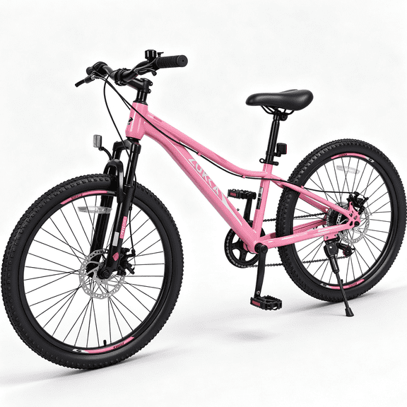 POVANLI 24 Inch Mountain Bike 6 Speed ​​Suspension Fork,Inflatabll Rubber Tires,Aluminum Alloy Rim,Steel Frame,Dual Disc Brake,Suitable for commuting to school and city riding,Gift(Yr 9-12)(Pink)