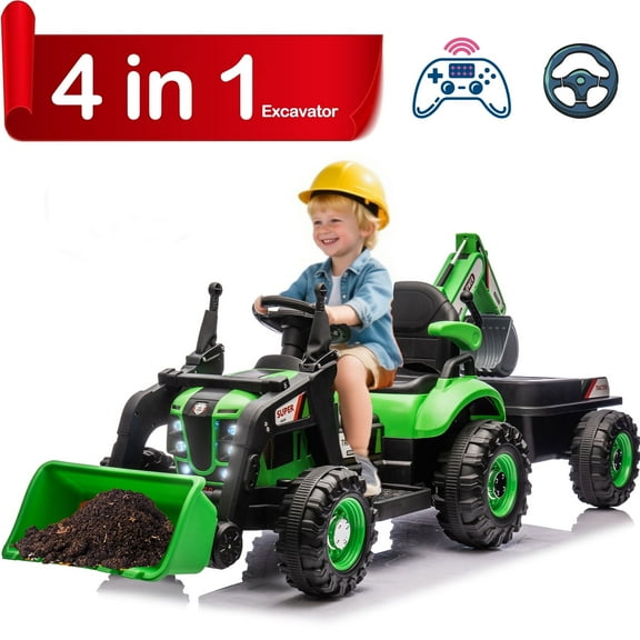 POVANLI 24V 4-in-1 Excavator, Dump Truck, Bulldozerc, Kids Ride on Electric Toy Tractor Vehicle W/Parent Remote Control, Slow Start, MP3, USB, Bluetooth, LED Lights for 2-5 Yr Children Gift (Green)