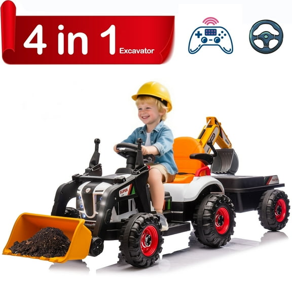 POVANLI 24V 4-in-1 Excavator, Dump Truck, Bulldozerc, Kids Ride on Electric Toy Tractor Vehicle W/Parent Remote Control, Slow Start, MP3, USB, Bluetooth, LED Lights for 2-5 Yr Children Gift (Orange)