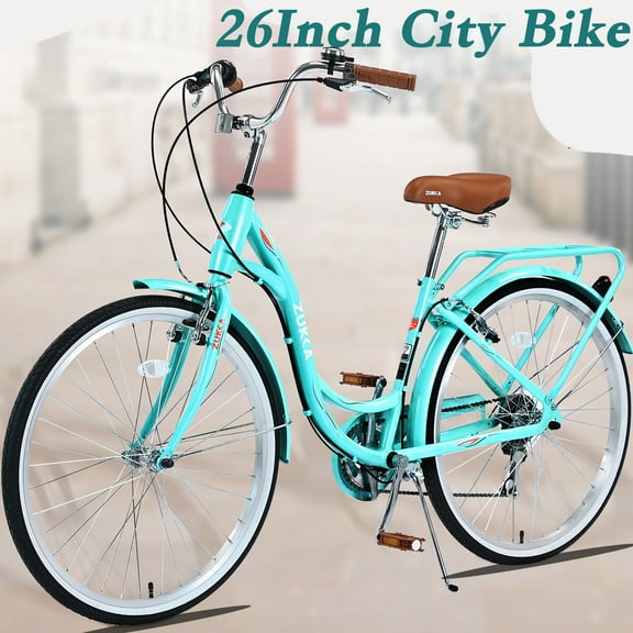 POVANLI 26 Inch Ladies Bicycle Adult Full Shimano 7 Speed Ladies Bicycle, Double V Brakes Bicycle, Steel Frame Commuter Bike for Ladies, Green (Gift)