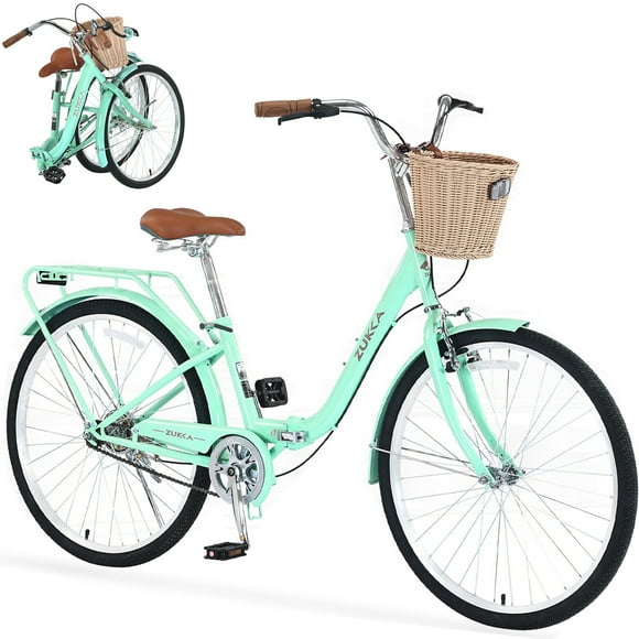 POVANLI 26" Single Speed Folding Lady Bike,Durable Steel Frame Women Bike,Compact Design for Easy Storage and Commuting Green