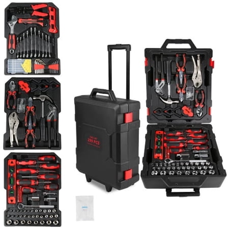 POVANLI 299 Piece Tool Kit with Rolling Tool Box Socket Wrench Hand Tool Set Mechanic Case Trolley Portable black