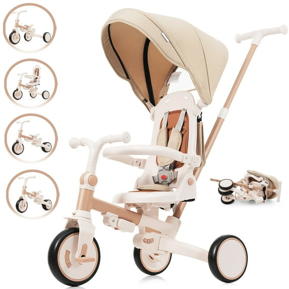 POVANLI 7 in 1 Baby Tricycle Foldable Toddler Tricycle w/Removable and Adjustable Parent Handle,Toddler Push Bike with Removable Pedal,Canopy and Guardrail,Tricycle for 12-72 Months