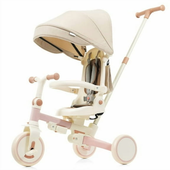POVANLI 7 in 1 Baby Tricycle Foldable Toddler Tricycle w/Removable and Adjustable Parent Handle,Toddler Push Bike with Removable Pedal,Canopy and Guardrail,Tricycle for 12-72 Months
