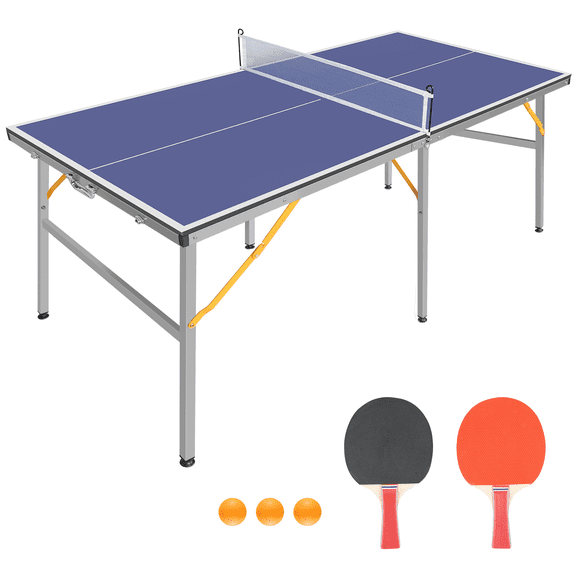 POVANLI 6FT (72''L x 36''W x 30''H) Mid-Size Table Tennis Table Foldable & Portable Ping Pong Table Set with Net and 2 Pin Pong Paddles and 3 Balls for Indoor Outdoor Game & Home entertainment (Blue)