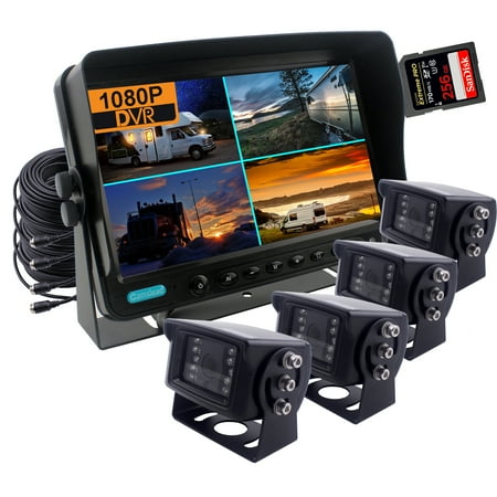 CAMSLEAD 9 inch Monitor 1080P Rear View Camera System, DVR Recorder, Support 256GB SD Card, 4 Channel Input, Quad Split Screen, 1080P Backup Camera for Trucks, Trailers, motorhomes, Caravans, RV