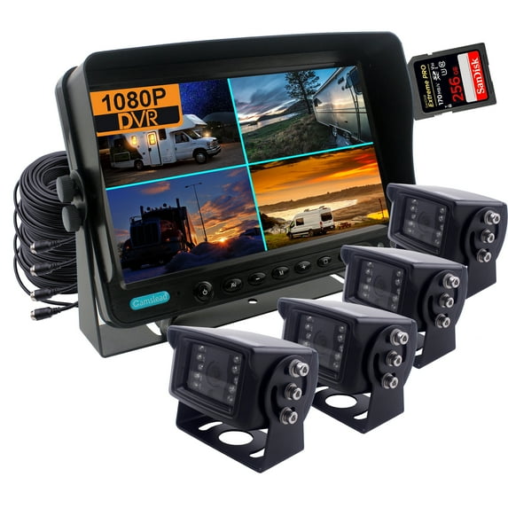 CAMSLEAD 9 inch Monitor 1080P Rear View Camera System, DVR Recorder, Support 256GB SD Card, 4 Channel Input, Quad Split Screen, 1080P Backup Camera for Trucks, Trailers, motorhomes, Caravans, RV