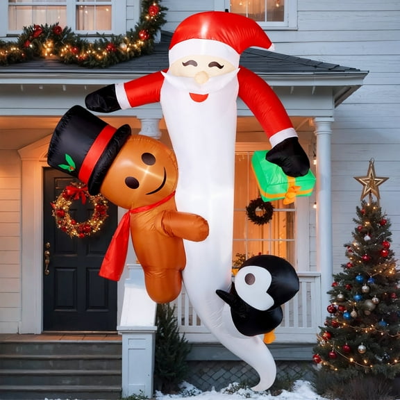 CAMULAND 8 FT Hanging Christmas Inflatable Outdoor Decorations Hanging Santa Built-in Bright LEDs, Climbing Santa Claus with Gift Bag Santa Blow Up Christmas for Windows Eaves Roofs Decor