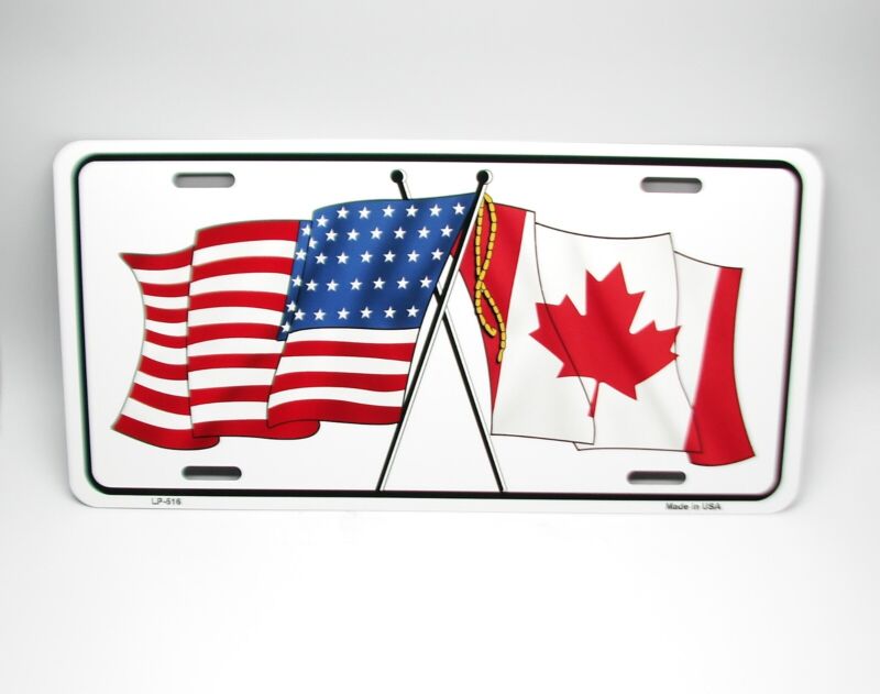 CANADIAN FLAG AMERICAN FLAG METAL CAR LICENSE PLATE. CANADA FLAG