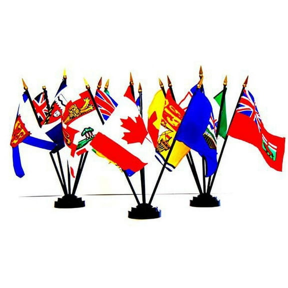 CANADIAN PROVINCE and TERRITORY FLAGS- SET of 14 Rayon 4"x6" Flags with three 5-hole bases, 4x6 Miniature Desk & Table Flags, Small Mini Stick Flags