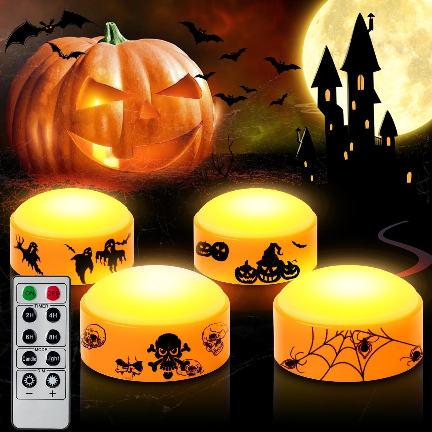 CANDLE IDEA 4 PCS Halloween LED Pumpkin Lights with Timer and Remote