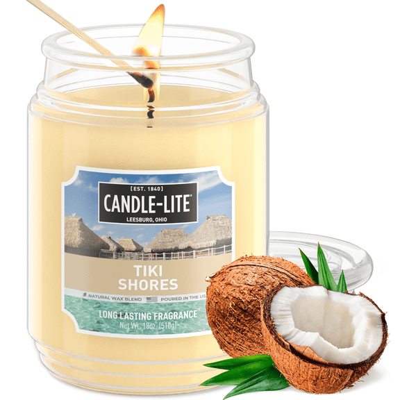 CANDLE-LITE Everyday Scented Tiki Shores Scented, One 18 oz. Single-Wick Aromatherapy Candle with 110 Hours of Burn Time, Off-White (Individual Box)